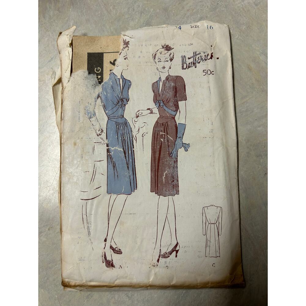 Vintage 1943 Butterick Pattern #2716 Misses One Piece Frock Dress Size 16 HTF